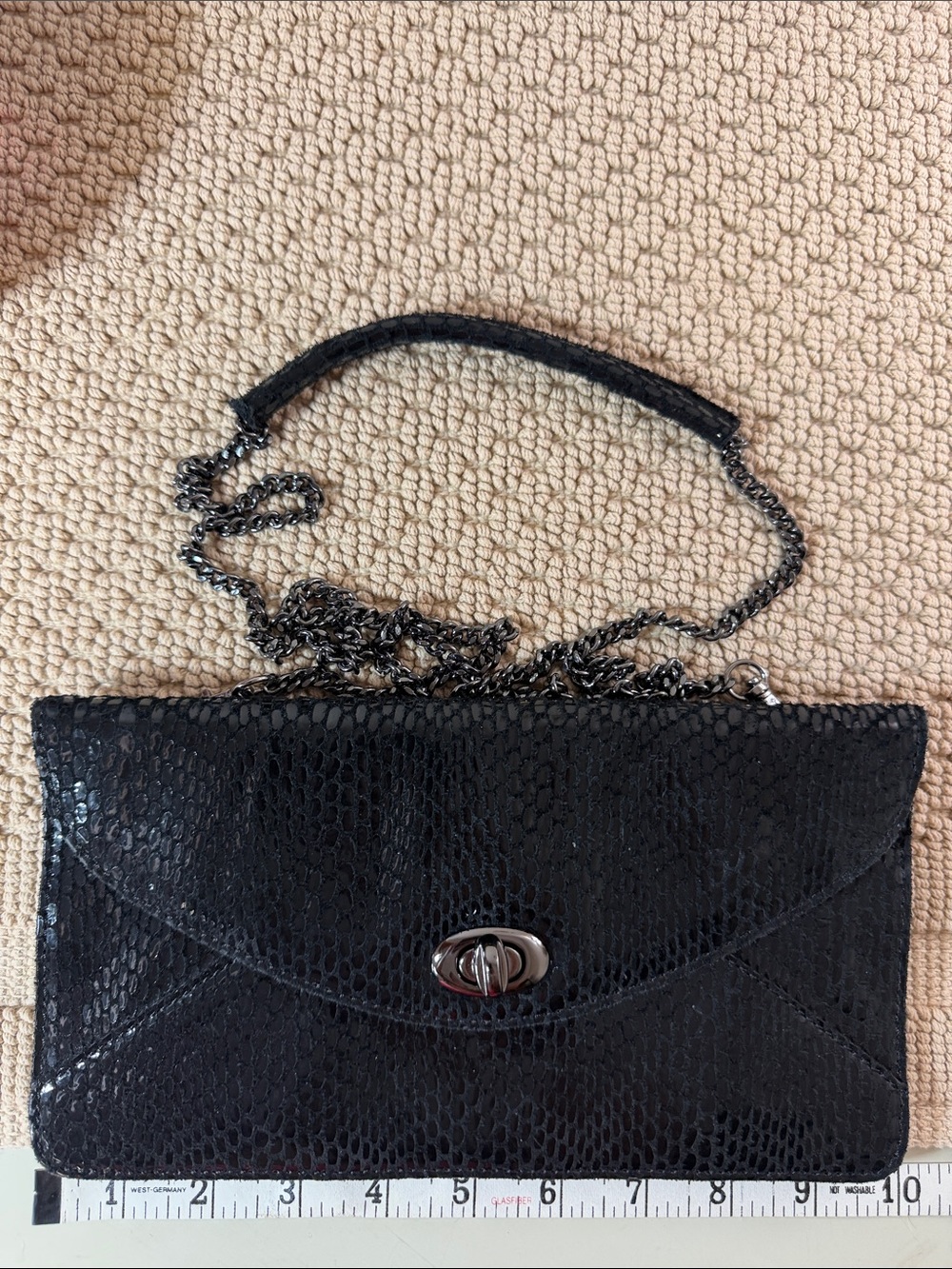Sorial Black Textured Leather Envelope Clutch Crossbody Bag Removable Chain